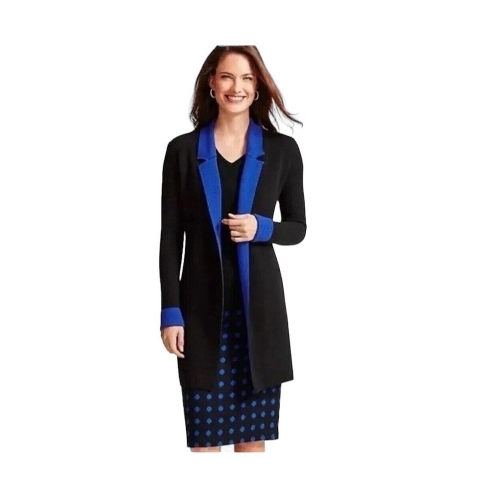 Talbots Merino Wool Open Front Long Duster Cardigan Sweater Black Small Chic